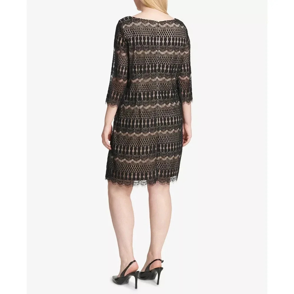 Eliza J Boat Neck Lace Shift Dress Black Beige Size 4 - Picture 2 of 7